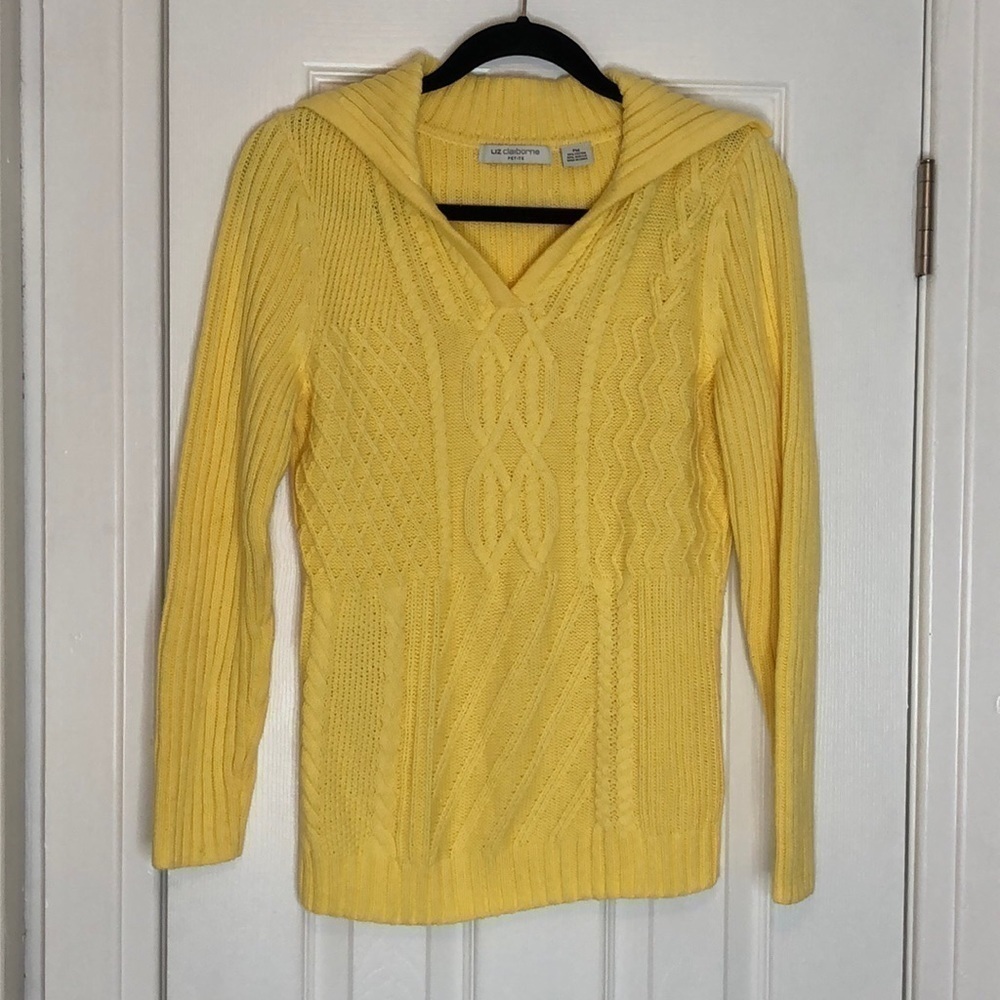 - Woman’s Liz Claiborne SZ PL canary yellow cable knit long sleeve, large collar